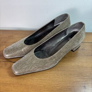 VTG Stuart Weitzman Pumps Sz 8 AA Extra Narrow Beige Gray Square Toe Chunky Heel